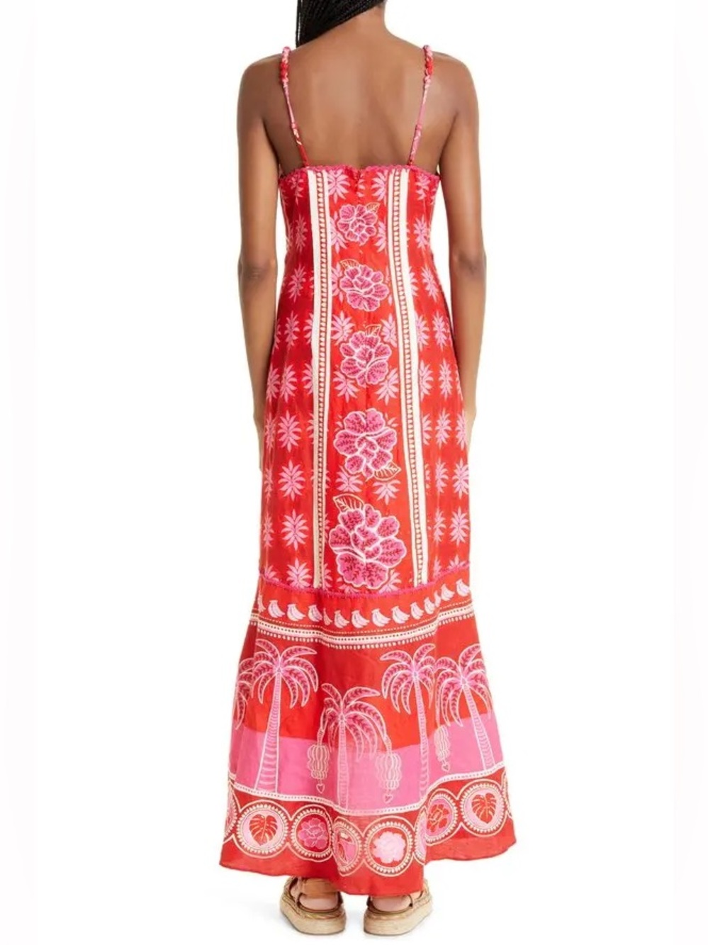 🌺 Farm Rio Summer Sunrise Embroidered Linen Maxi Dress Size Large Red Pink - Picture 5 of 16